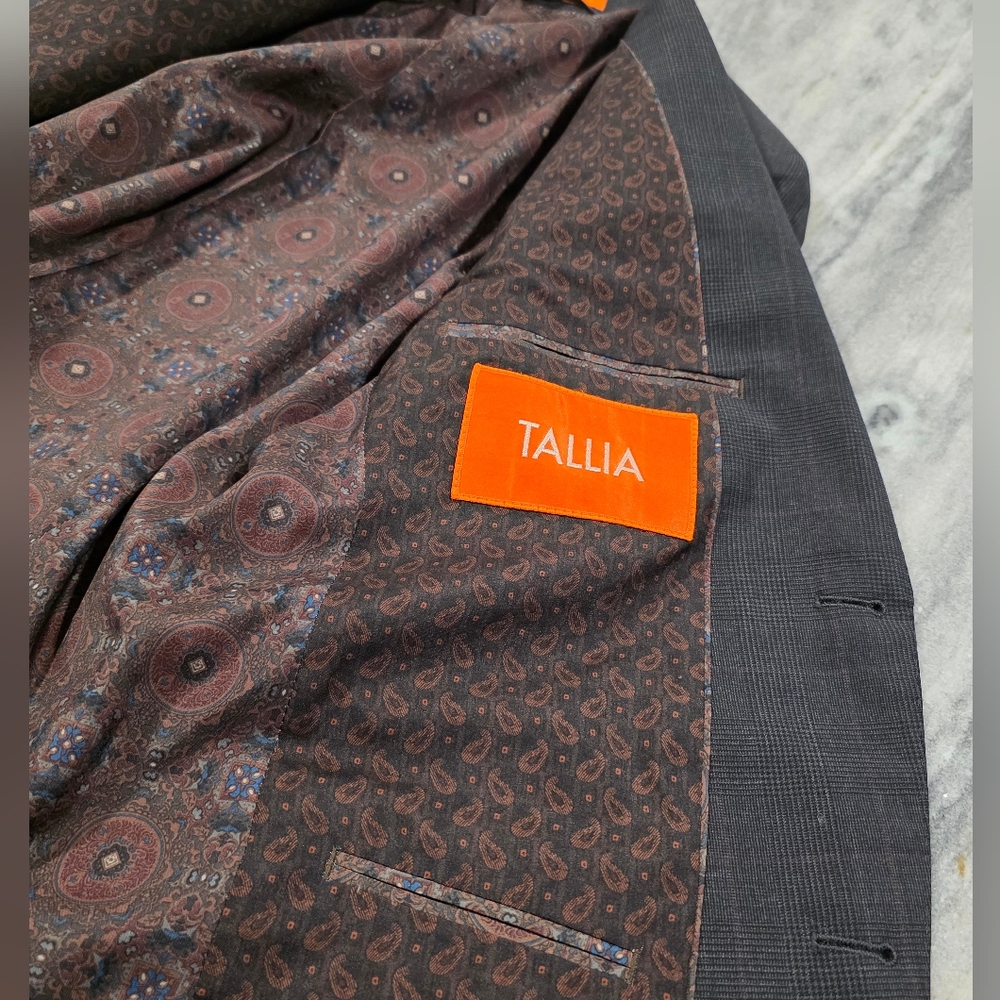38R Men's TALLIA Blazer Gray Tartan 2 Button 100% Wool Sport Coat - Picture 7 of 8